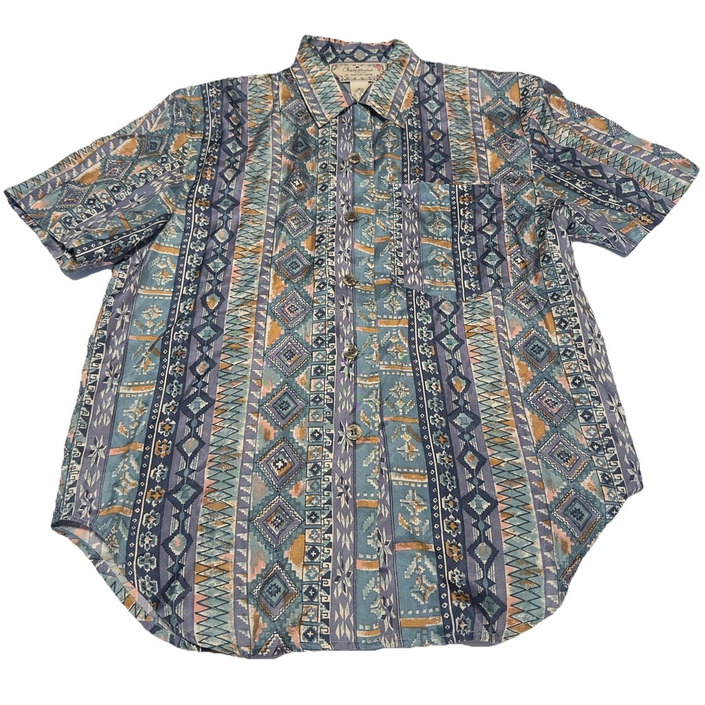 VTG Sophisticates by Jonathan Martin Button Up Shirt S/M Petite Silk Geometric
